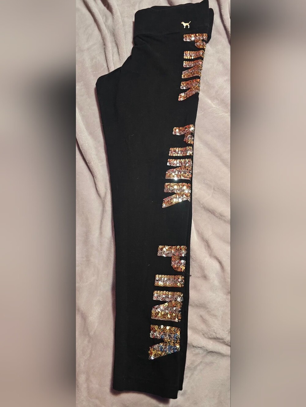 Victoria's Secret Black Yoga Leggings with Gold Sequin Logo